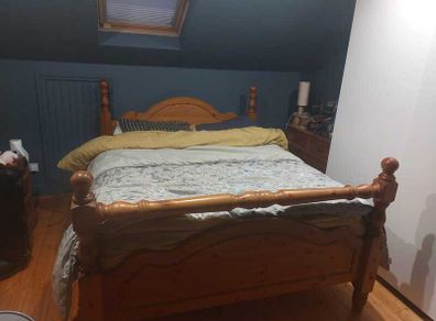 Pine Bed + mattress with FREE lockers and dresser for sale