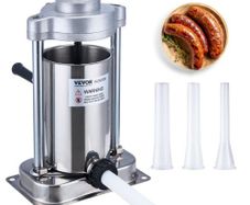 Manual Sausage Stuffer, 2 L / 5 LBS Vertical Sausage Machine with G-type Clamp, Food-Grade 304 Stainless Steel Barrel with 2 Stuffing Tubes