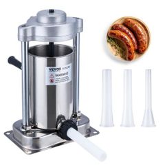 Manual Sausage Stuffer, 2 L / 5 LBS Vertical Sausage Machine with G-type Clamp, Food-Grade 304 Stainless Steel Barrel with 2 Stuffing Tubes