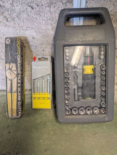 Ratchet Set, tile and glass cutter, glass drill bits
