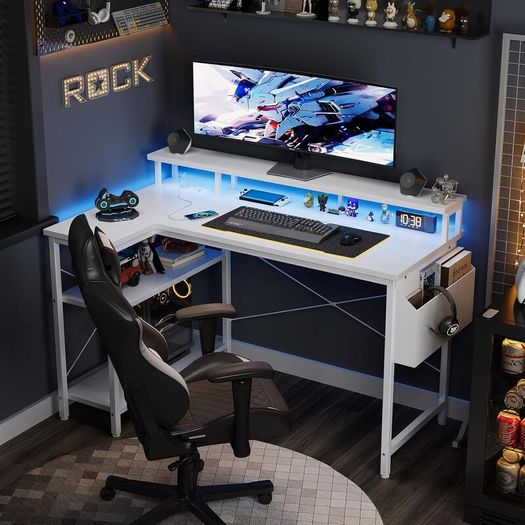 L Shaped Desk with LED Lights & Power Outlets, 100 cm Gaming Desk with 2 Shelves, Computer Table with Monitor Stand