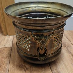 Brass Planter Pot Vintage Lion Rings Handcrafted Antique Metal Jardiniere Collectable Retro