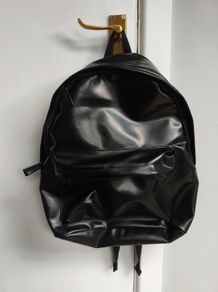 Black Faux Leather Waterproof Backpack, Zip Pocket, Tan Lining
