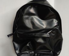 Black Faux Leather Waterproof Backpack, Zip Pocket, Tan Lining