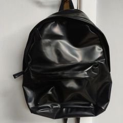 Black Faux Leather Waterproof Backpack, Zip Pocket, Tan Lining