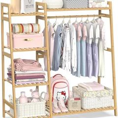 Kids Clothing Rack with Shelves, Bamboo Clothes Garment Rack for Kids Child Baby, Kids Dress Up Storage Rack with Top Shelf, Toddlers Wardrobe Closet for Nursery