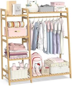 Kids Clothing Rack with Shelves, Bamboo Clothes Garment Rack for Kids Child Baby, Kids Dress Up Storage Rack with Top Shelf, Toddlers Wardrobe Closet for Nursery
