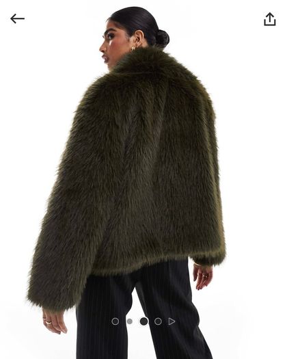 STRADIVARIUS Exaggerated Collar Detail Faux Fur Jacket Khaki Size S!