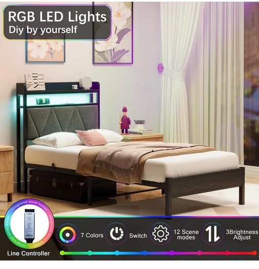 Single Bed Frame with 3ft Upholstered Wooden Storage Headboard, Grey Single Bed Frame with LED Lights & USB Charging, 90x190cm Two-shelf Storage Headboard, Heavy Duty Slats for Small Bedrooms