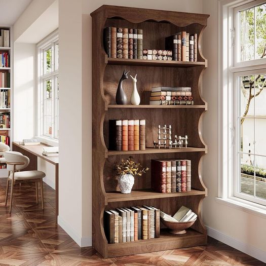 Vintage Wood Look Bookcase 178 cm, 6-Tier Curved Open Standing Shelf as Room Divider