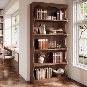 Vintage Wood Look Bookcase 178 cm, 6-Tier Curved Open Standing Shelf as Room Divider
