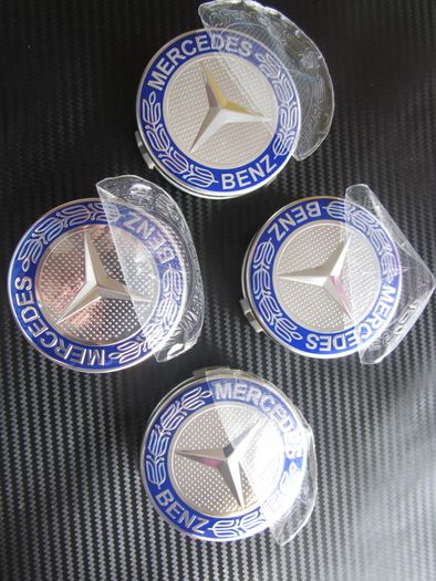 Mercedes Benz Classic 75mm Chrome / Blue 4 x Wheel Center Caps Cap Hub