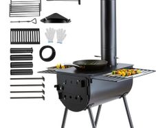 Wood Stove, 3 m, Alloy Steel Camping Tent Stove, Portable Wood Burning Stove with Chimney Pipes & Gloves, 49161 cm Firebox Hot Tent Stove