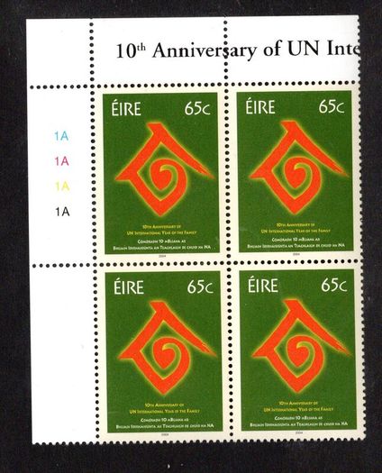 2004 Ireland 10th Anniversary of UN Year of the Family Commemorative Stamp Plate Block 1A1A1A1A Mint Never Hinged (MNH)