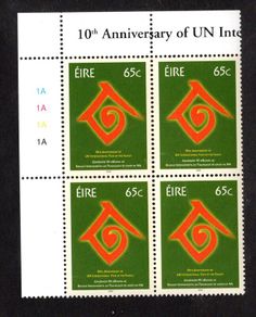 2004 Ireland 10th Anniversary of UN Year of the Family Commemorative Stamp Plate Block 1A1A1A1A Mint Never Hinged (MNH)