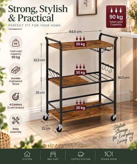 Serving Trolley with Wine Rack & Glass Holder  3 Tier Rustic Brown & Black Bar Cart