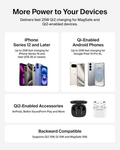 Belkin UltraCharge Magnetic Charger with Qi2 25W, Fast Wireless Charging Pad, MagSafe Compatible with Passive Cooling Technology, Kickstand for iPhone 17 Series, Pixelsnap, AirPods Pro - Black - Boxed Like New!