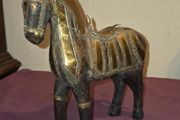 Vintage Hand Carved Wood and Brass Armor Horse Statue