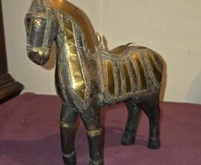 Vintage Hand Carved Wood and Brass Armor Horse Statue