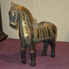 Vintage Hand Carved Wood and Brass Armor Horse Statue
