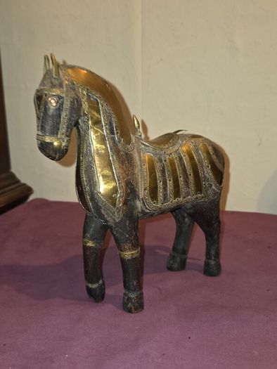 Vintage Hand Carved Wood and Brass Armor Horse Statue