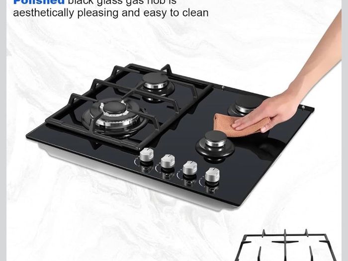Gas Hob 4 Burners, 60cm Black Glass Gas Cooker Hob, 8060W Wok Burner, Built-in Cooktop with Flame Failure Protection, NG/LPG Convertible