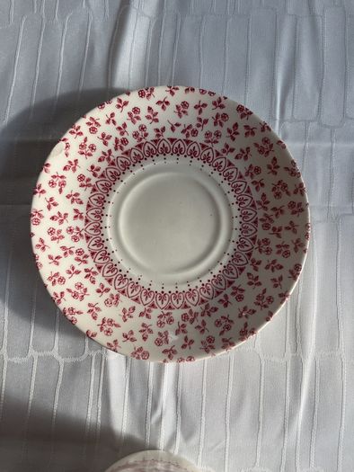 Vintage English Ironstone "Provence Red" Floral Chintz Tea Cup & Saucer Set (11 Pieces - Stamped)