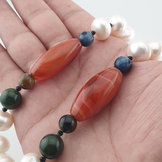 Authentic Freshwater Pearl Necklace with African Carnelian & Jade Beads