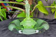 Vintage Uranium Glass Flower Frog and Bowl Set Art Deco Figural Lady