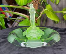 Vintage Uranium Glass Flower Frog and Bowl Set Art Deco Figural Lady