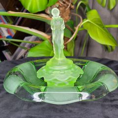Vintage Uranium Glass Flower Frog and Bowl Set Art Deco Figural Lady