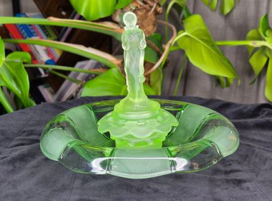 Vintage Uranium Glass Flower Frog and Bowl Set Art Deco Figural Lady