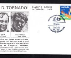 1976 Canada cover commemorating Reg White, (with his brother-in-law) an Essex Boat-builder, won a gold for Britain with a day and a race to pare in the Olympic Yachting at Kinston tying 15c Olympic Commemorative Stamp with Olympic stamp cancel