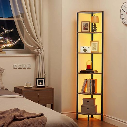 6 Tier Corner Shelf with LED Light Metal Frame Wooden Shelves Storage Organizer Rack
