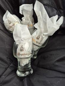 Bushmills glasses A set of 4 Old Bushmills glasses.Whiskey Memorabilia man's cave of Memorabilia from famous distilleries of Ireland, Whiskey Jugs, Old Bottles, Mirrors and general whiskey  garden pub bar home gift present old vintage display antique