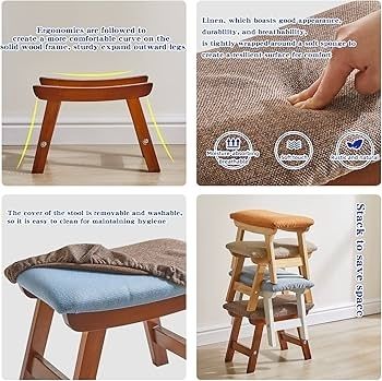 Wooden Footstool, Foot Stool Ottoman Padded Chair Stool with Removable Cover 4 Beech Legs Suitable for Bedroom, Living Room and Kitchen, (Brown leg+ Brown cushion),