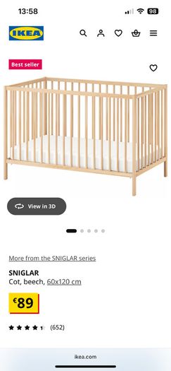 IKEA Cot. 120cm x60cm.  Baby Infant cot bed