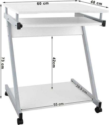 _desk, computer table with 4 castors, 2 of them with brakes, PC table easy-to-use keyboard pull-out, easy assembly, space-saving Z-shaped PC table, white