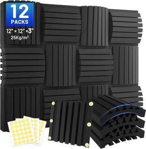 12 Pack Sound Proofing Panels, 3" X 12" X 12" Acoustic Wall Panels, Curved Soundproof Foam Panels, Sound Absorbing Wall Panels with Double Sided Tape, High Density Acoustic Panels for Studio Home