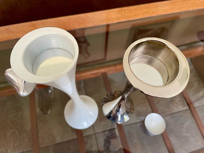 Vintage 20th Century Heavy Asymmetrical Stainless Steel and White Enamel Pair Of Candle Holders