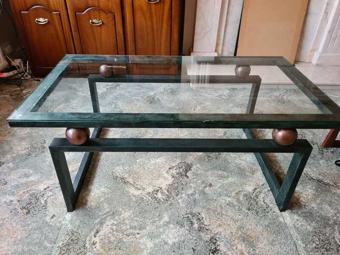 Glass & dark green metal coffee Table