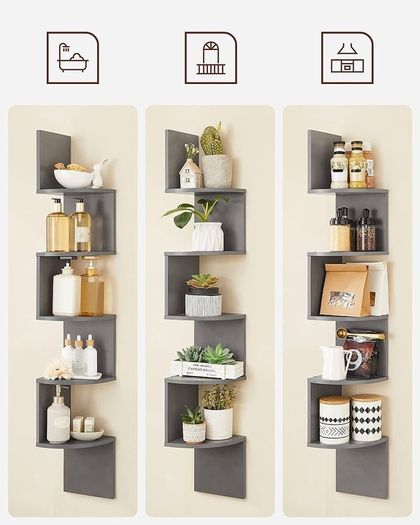 FREE P&P Corner Shelf, 5-Tier Floating Wall Shelf with Zigzag Design, Bookshelf, Grey