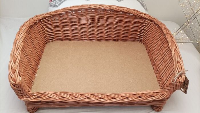 cat bed, dog bed, wicker basket with sheepskin rug included