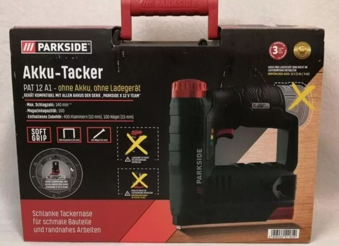 Parkside X12V Cordless Tacker Nailer Stapler And Accessories Set. Parkside X12V Cordless Drill Driver. 2AH 2.5AH 5AH X12V Performance Batteries 2.4A 6A X12V Fast Chargers.