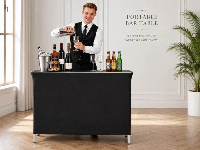 Folding Portable Bar Table with Carry Bag |Mobile Bartending Station with Storage Shelves for Events & Trade Shows