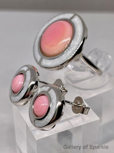 Queen Conch Shell Ring and  Stud Push Post Earring in Rhodium Overlay Sterling Silver