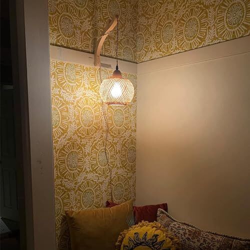 Wooden Indoor Wall Light, Vintage Wall Lamp with Plug and Switch, E27 Retro Bamboo Lantern, Rattan Bedside Lamp for Living Room, Bedroom, Stairs, Hallway (Bulb Not Included)