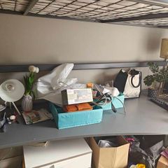 Loft bed with office desk beneath includes thick sprung mattress, very comfortable, frame can be fixed to the wall