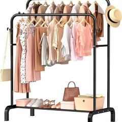 NEW SALE | Clothes Rail Metal Double Pole Garment Rack Multifunctional Clothes Racks with Shelves for Hanging Clothes,Suitable for Home Bedroom