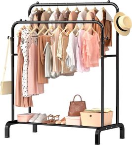 NEW SALE | Clothes Rail Metal Double Pole Garment Rack Multifunctional Clothes Racks with Shelves for Hanging Clothes,Suitable for Home Bedroom